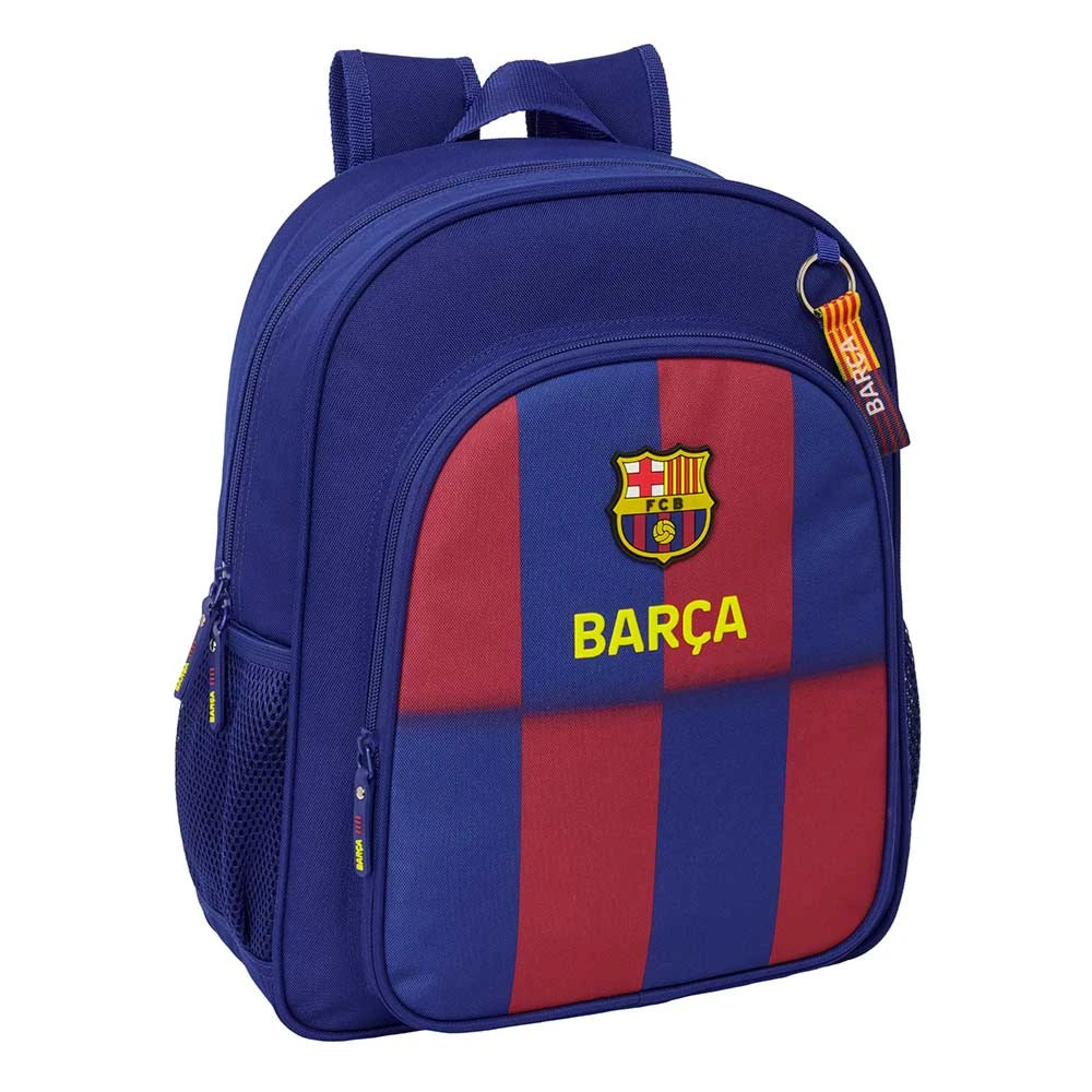 Blauer Rucksack mit roten und blauen Streifen und dem FC Barcelona Logo