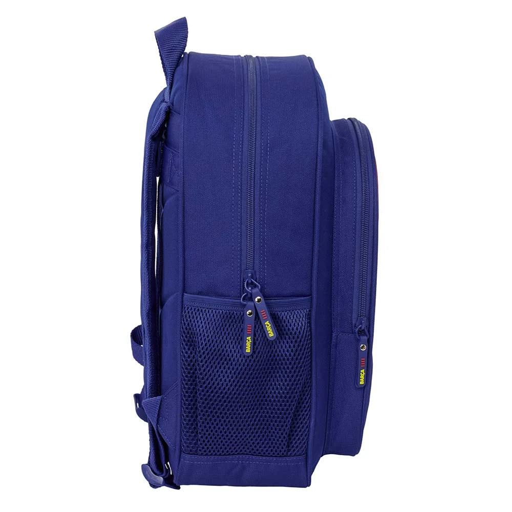 Blauer Rucksack mit Reißverschlüssen und Netztasche