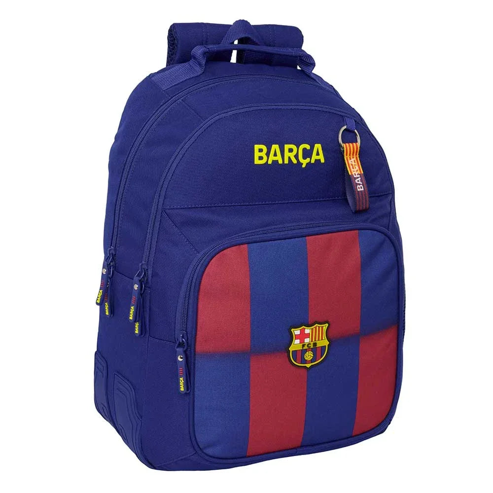 Blauer Rucksack mit rotem und blauem Streifenmuster und FC Barcelona Logo
