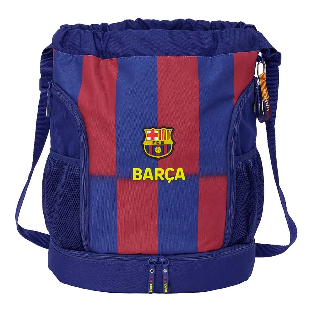Blauer und roter Rucksack mit vertikalen Streifen und dem FC Barcelona Logo