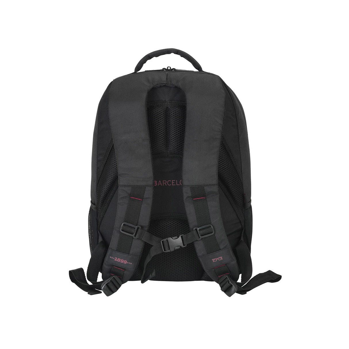 Rückansicht eines schwarzen Rucksacks mit gepolsterten Tragegurten und Brustgurt