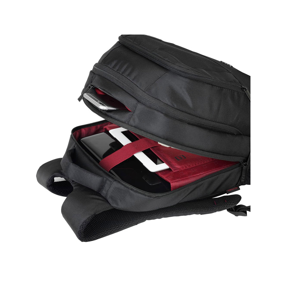 Offener schwarzer Rucksack mit Laptopfach und rotem Innenfutter