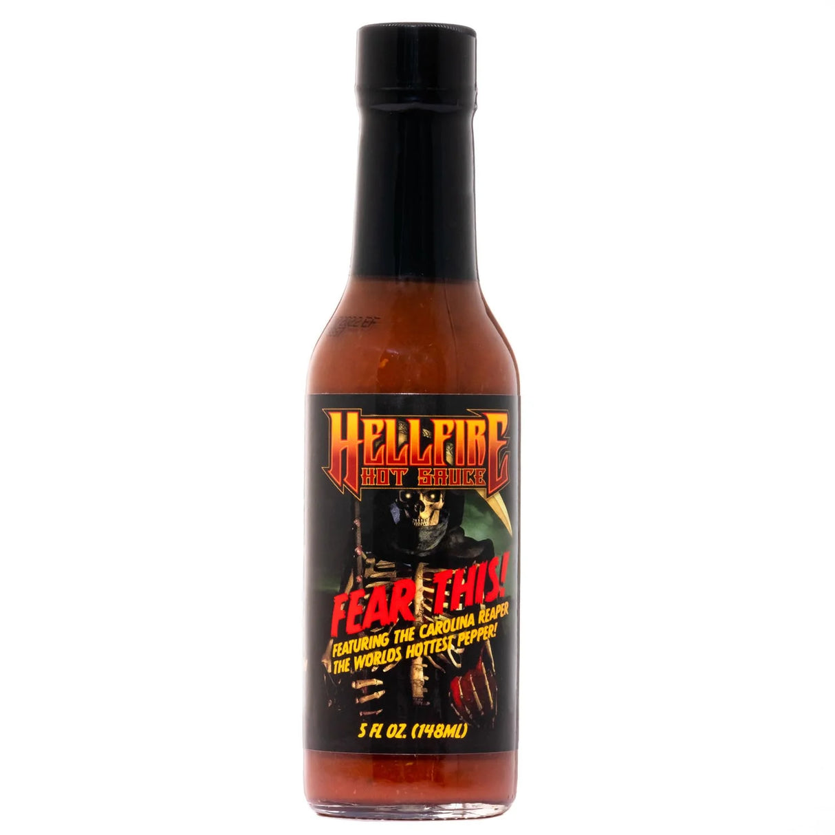 Hellfire Fear This Hot Sauce Flasche mit Totenkopf und Sense Etikett