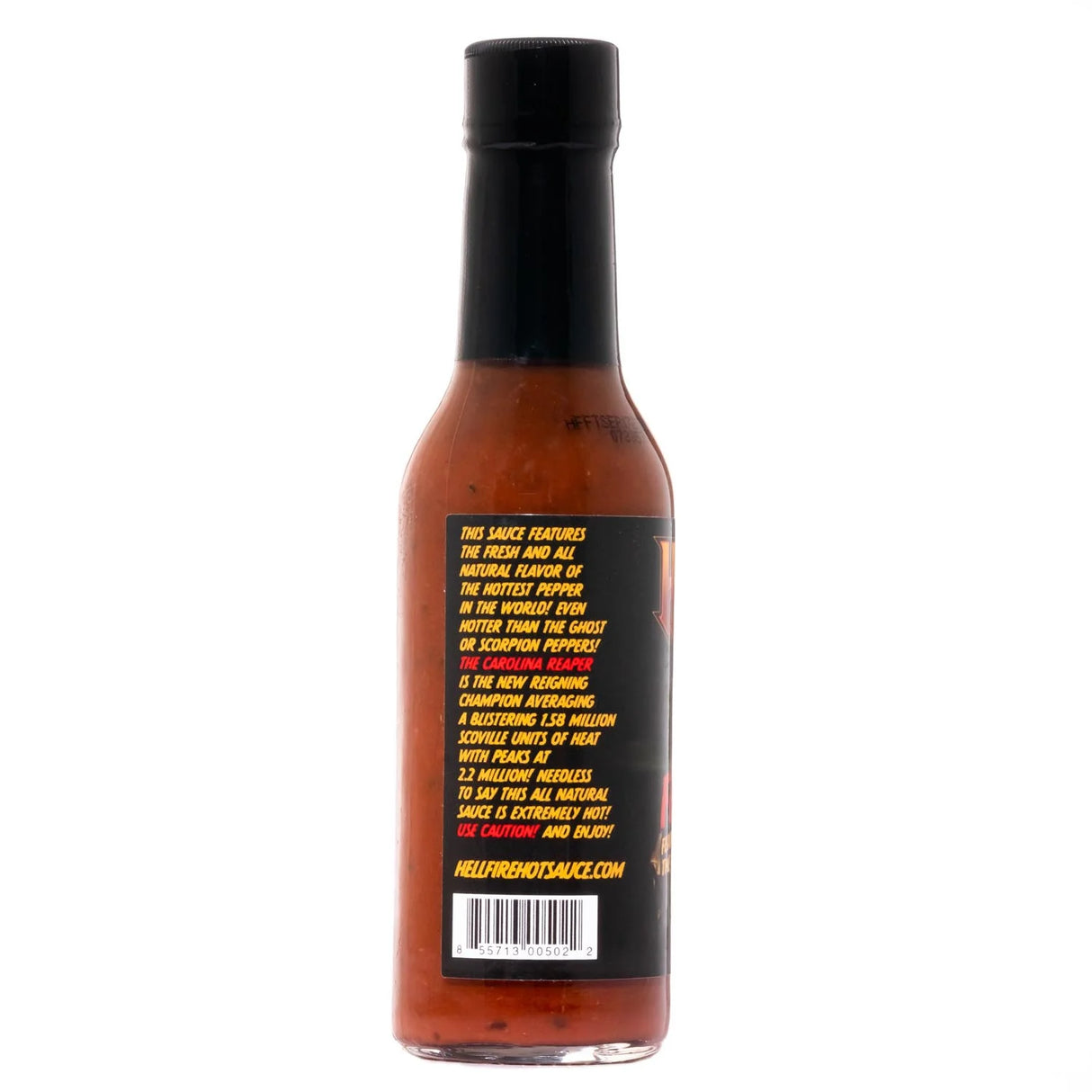 Rückseite der Hellfire Hot Sauce Flasche mit schwarzem Etikett und Barcode
