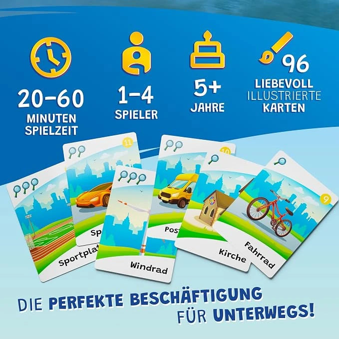 Übersicht der Produktdetails: 20–60 Minuten Spielzeit, 1–4 Spieler, ab 5 Jahren, 96 illustrierte Karten, mit Beispielkarten wie Sportplatz, Windrad, Fahrrad.