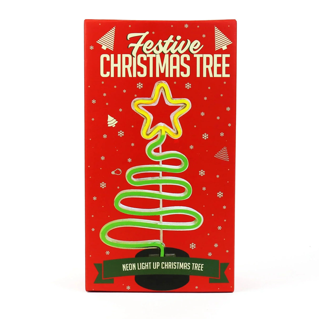 Verpackung eines leuchtenden Weihnachtsbaums aus Neon mit Sternspitze auf rotem Hintergrund