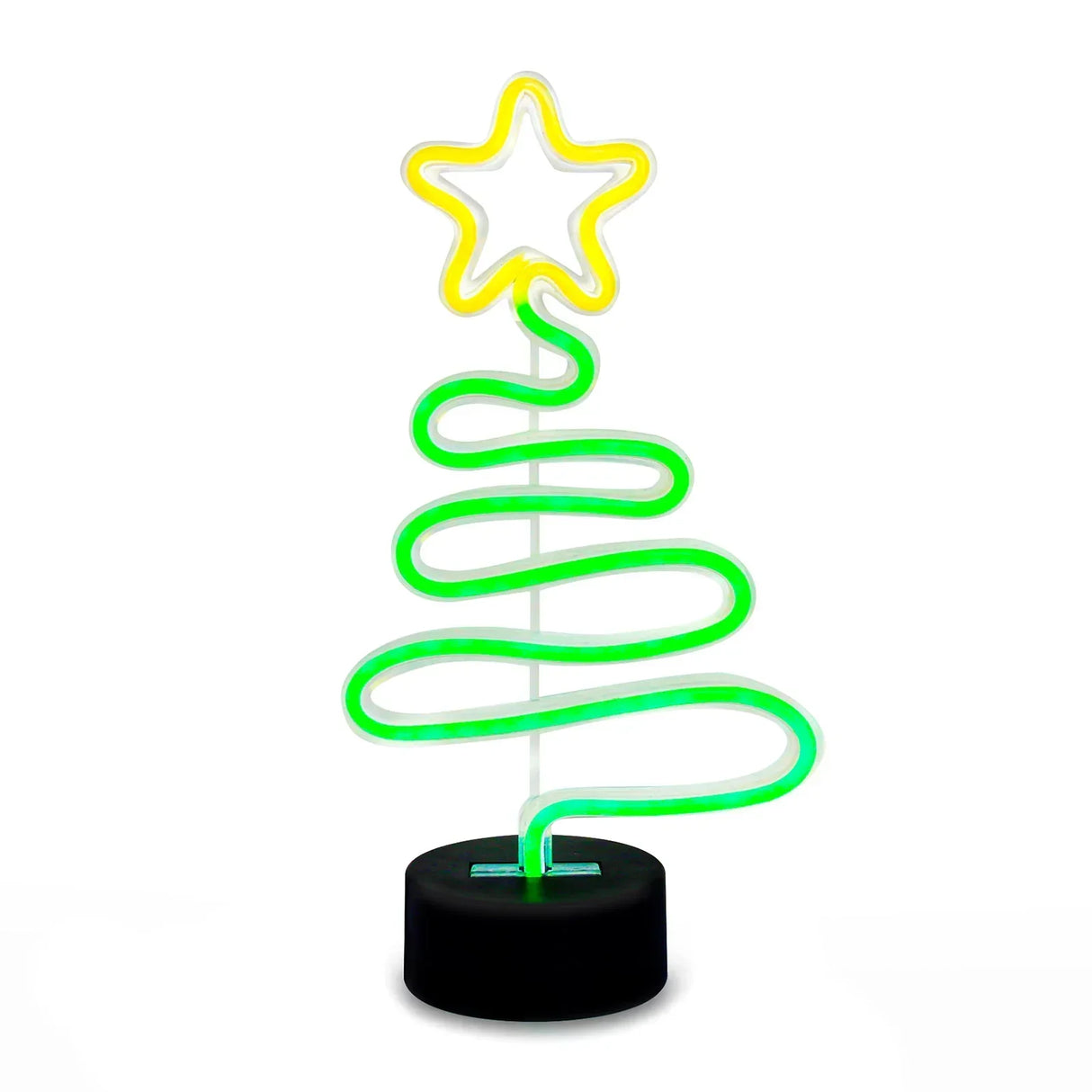 Neon Weihnachtsbaum mit gelbem Stern auf schwarzem Sockel
