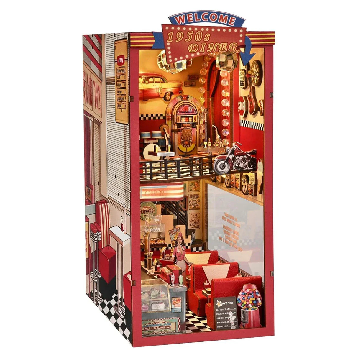 Miniatur-Diorama eines 1950er-Jahre-Diners mit Jukebox, Motorrad und Retro-Möbeln