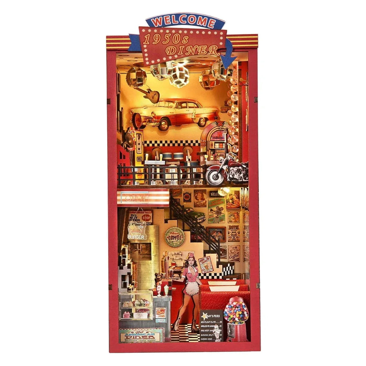 Miniatur-Diorama eines 1950er-Jahre-Diners mit Autos, Motorrad und Kellnerin