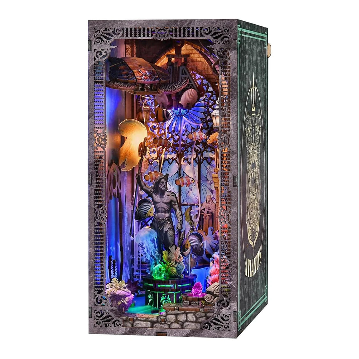 Diorama Buchstütze mit Unterwasser-Atlantis-Szene, beleuchtet mit blauen und violetten Lichtern