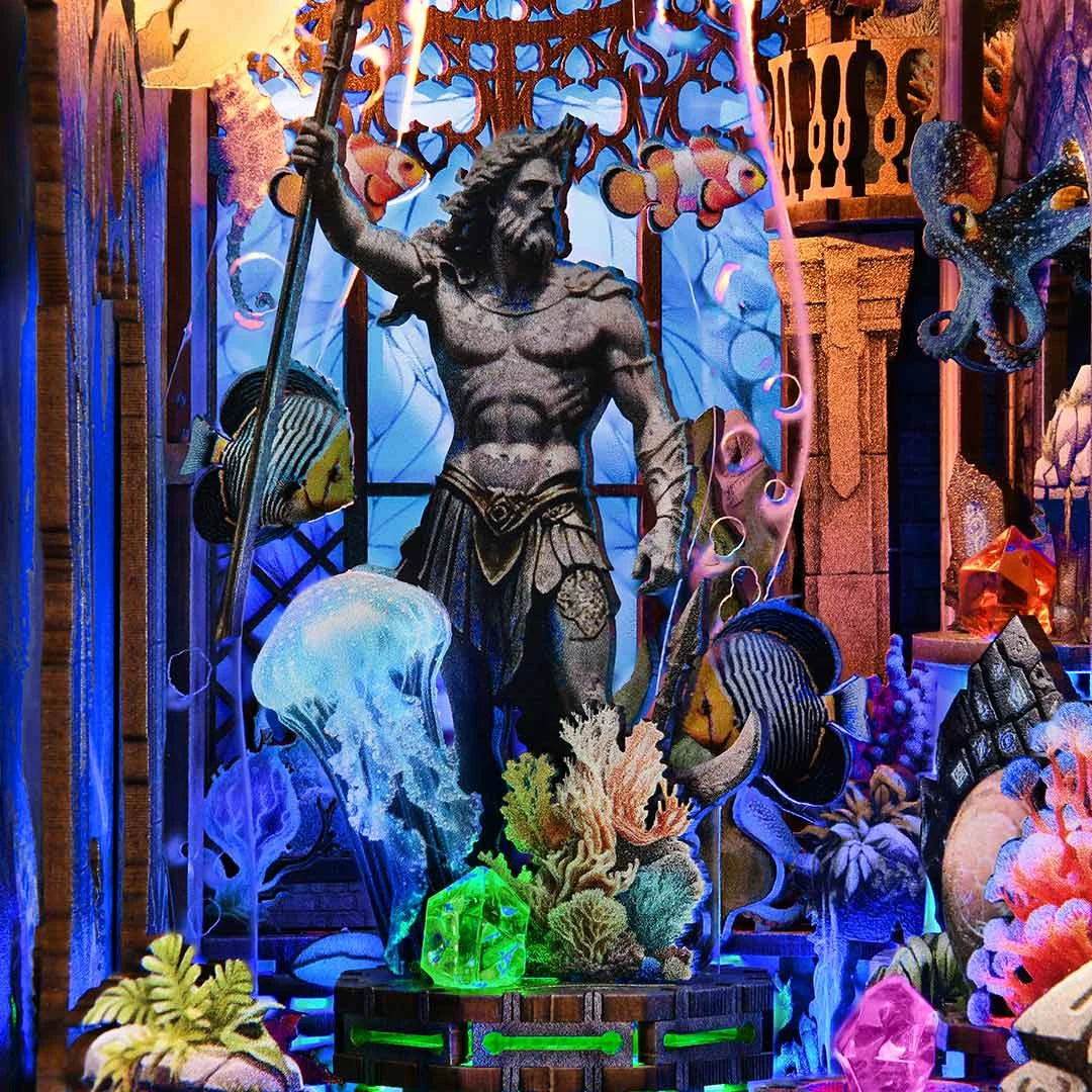 Eine Unterwasserwelt mit einer Poseidon-Statue, umgeben von Fischen, Quallen und Korallen