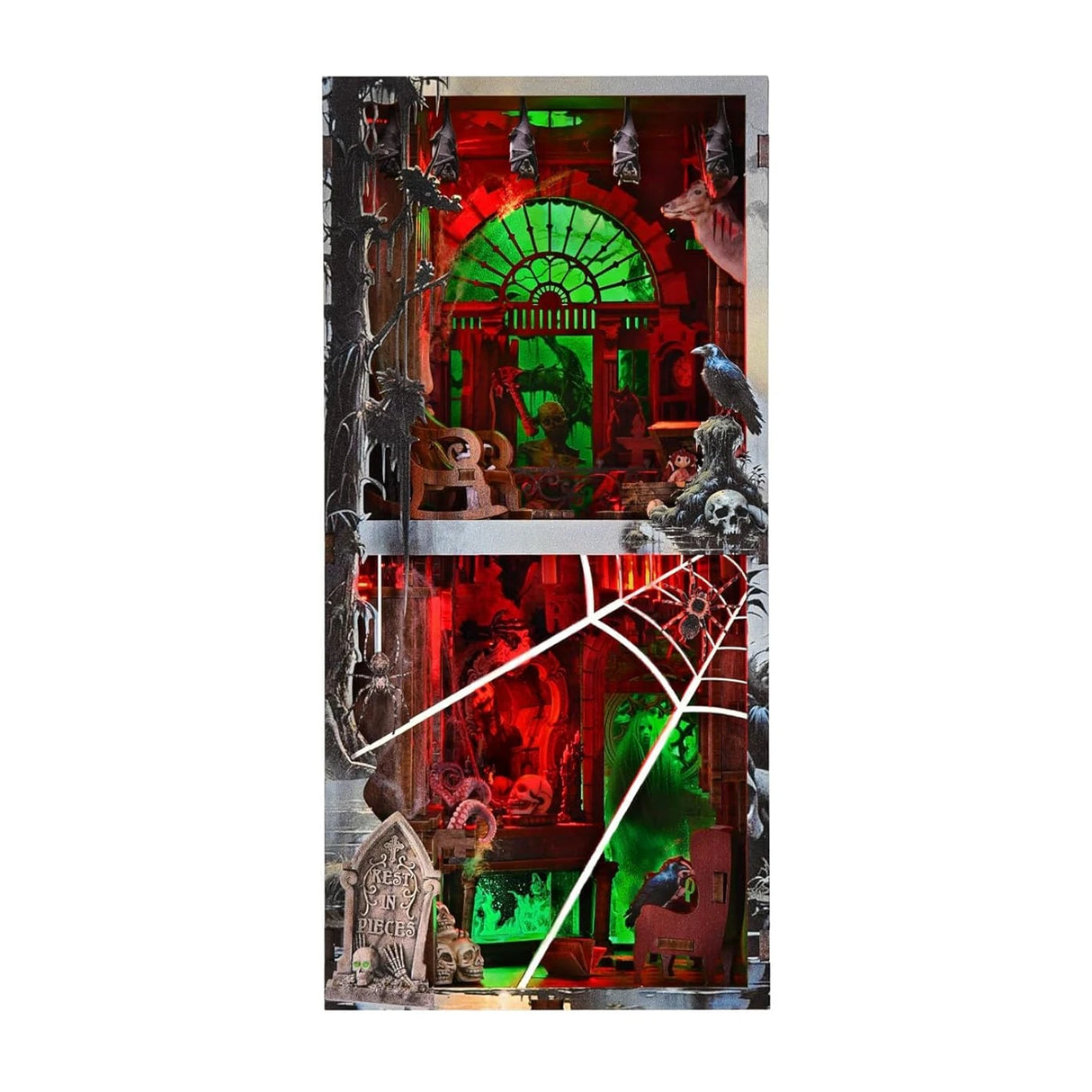 Halloween-Dekoration mit Fledermäusen, Spinnen, Spinnennetzen, Raben, Totenköpfen und Grabsteinen