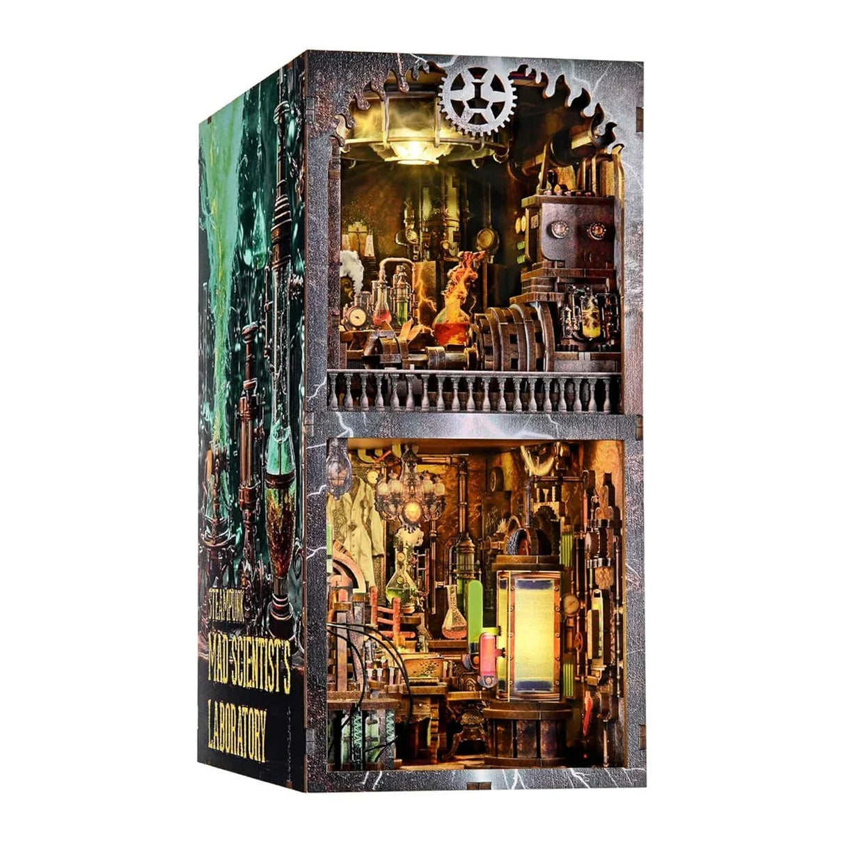 Steampunk Labor des verrückten Wissenschaftlers, beleuchtet mit Reagenzgläsern und Maschinen