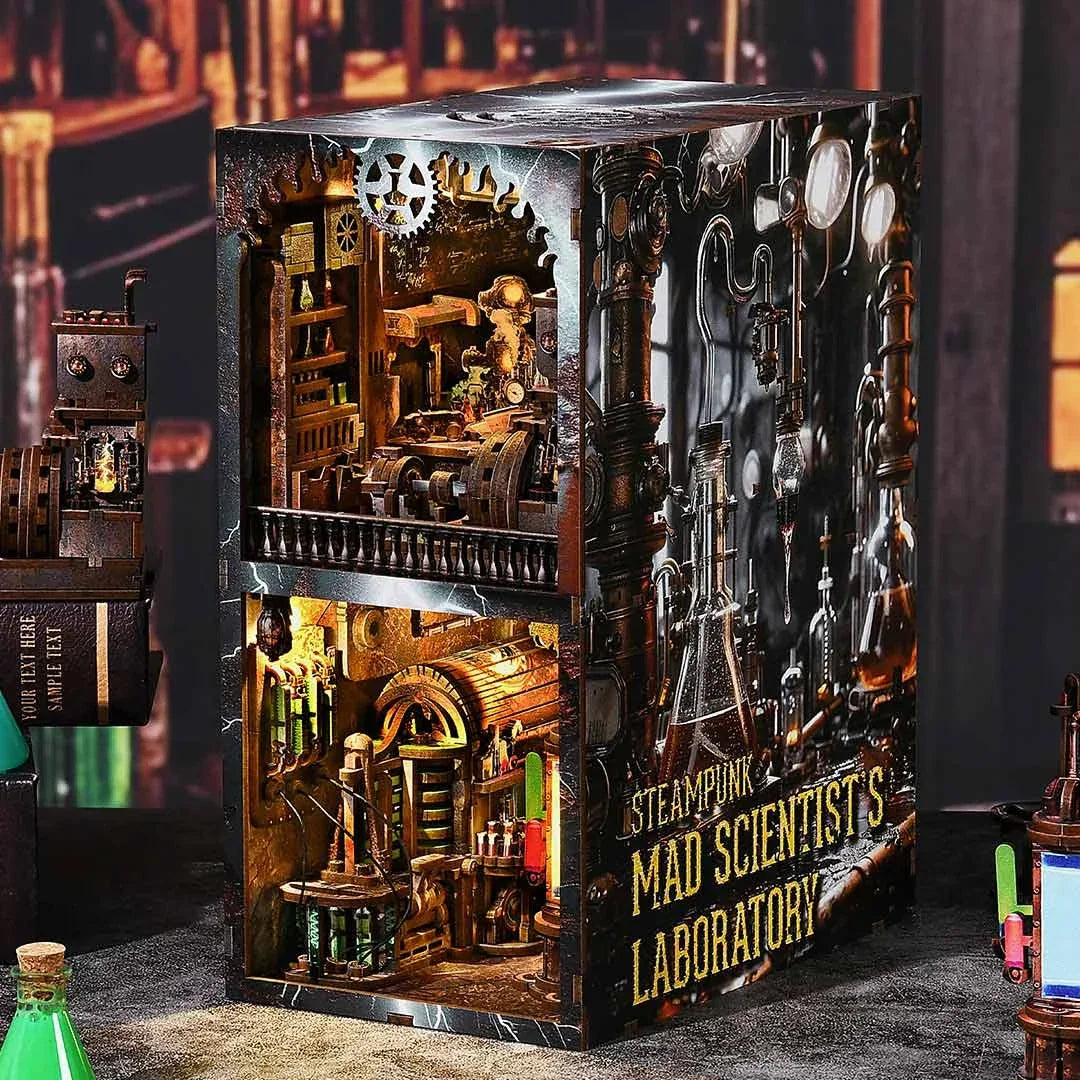 Steampunk Mad Scientist's Laboratory Bücherregal-Einsatz mit Zahnrädern und Flaschen