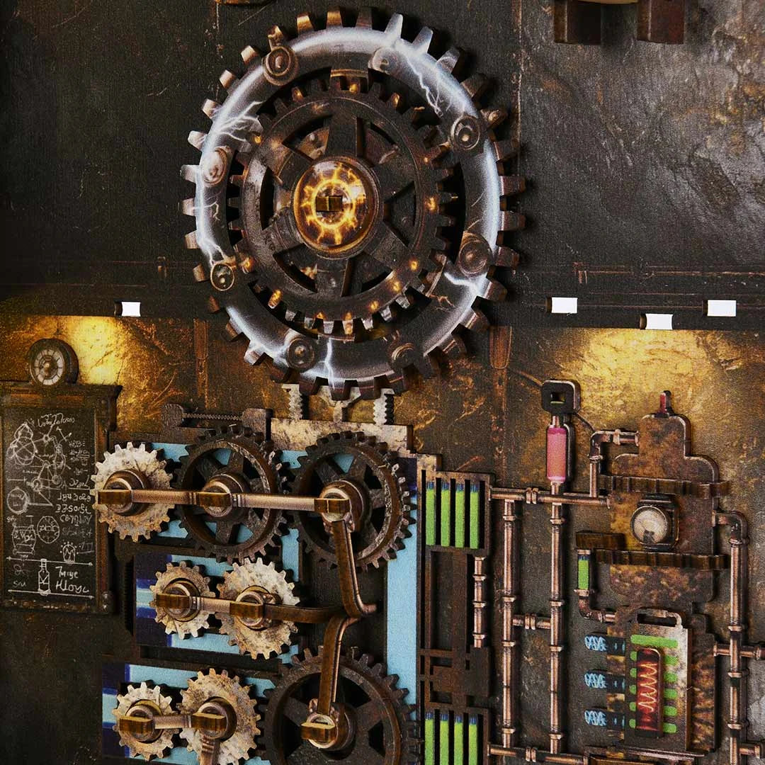 Nahaufnahme eines Steampunk-Geräts mit Zahnrädern, Rohren und einem leuchtenden zentralen Zahnrad