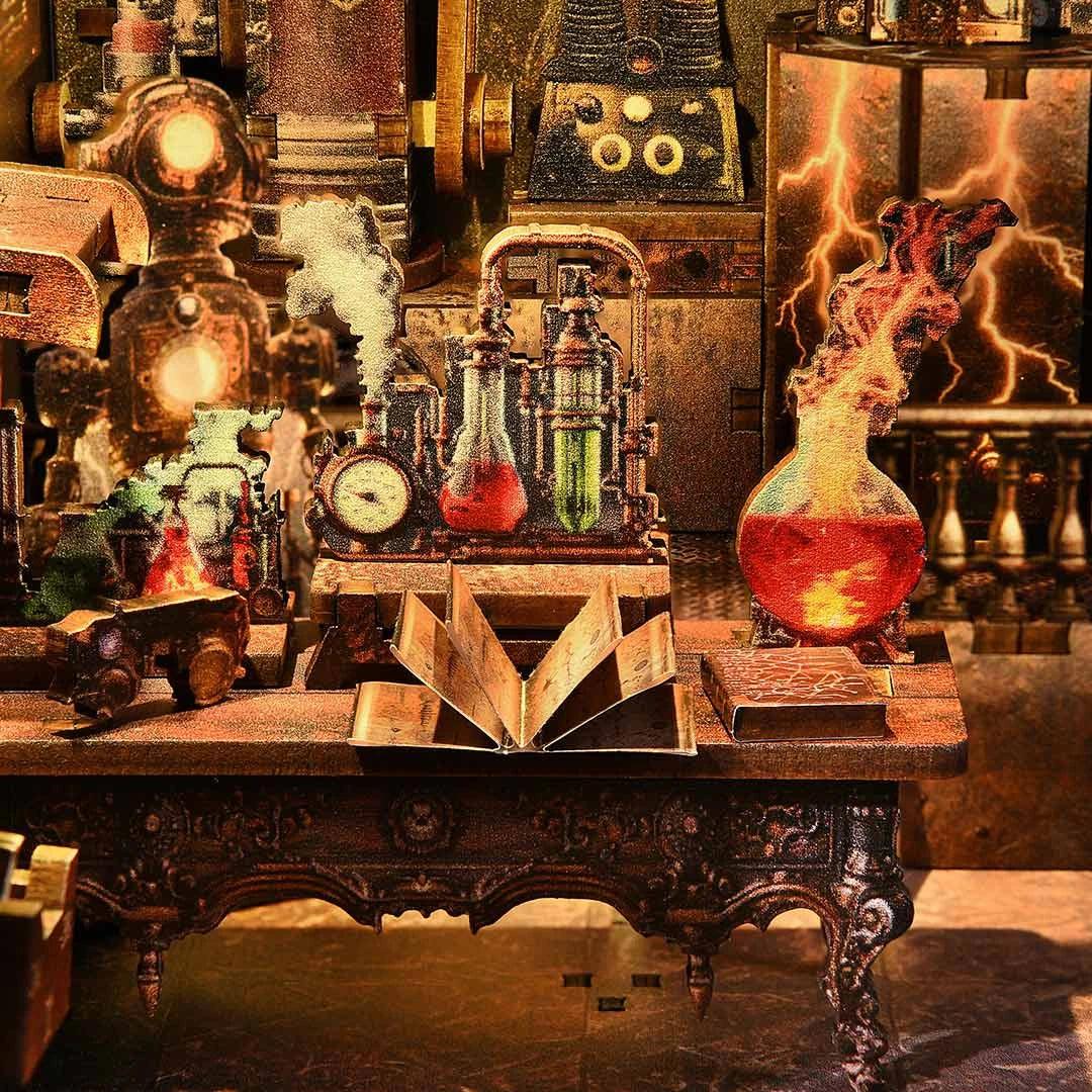 Steampunk-Labor mit Reagenzgläsern, Büchern und Blitzschlägen