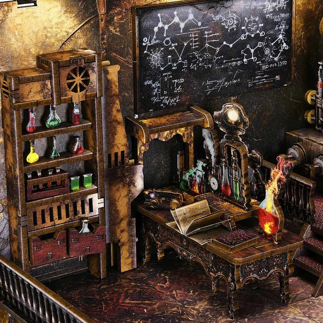 Ein Steampunk-Labor mit Reagenzgläsern, einem Schreibtisch mit Büchern und einer Tafel mit Formeln