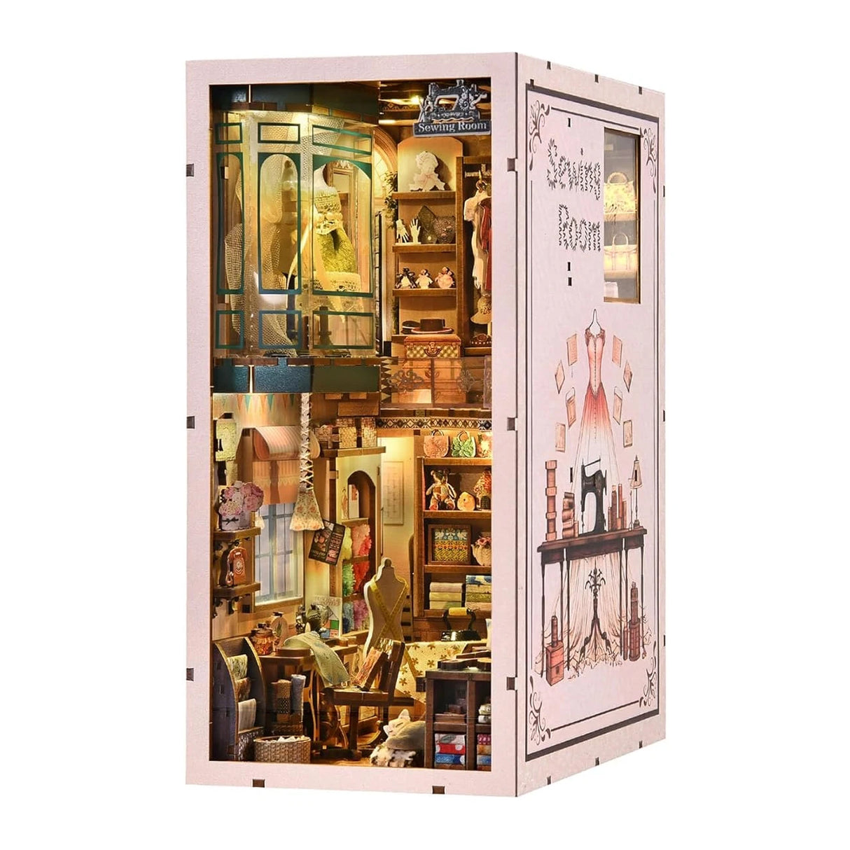 Miniatur-Nähzimmer-Diorama mit detaillierter Einrichtung und Nähutensilien