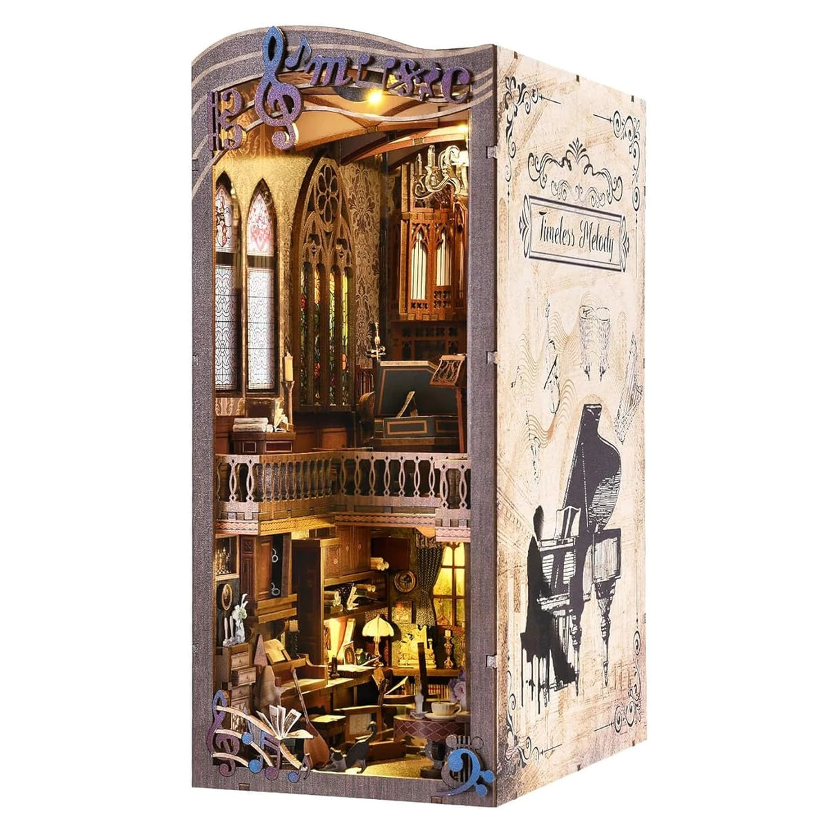 Diorama eines Musikzimmers mit Orgel, Klavier und Noten