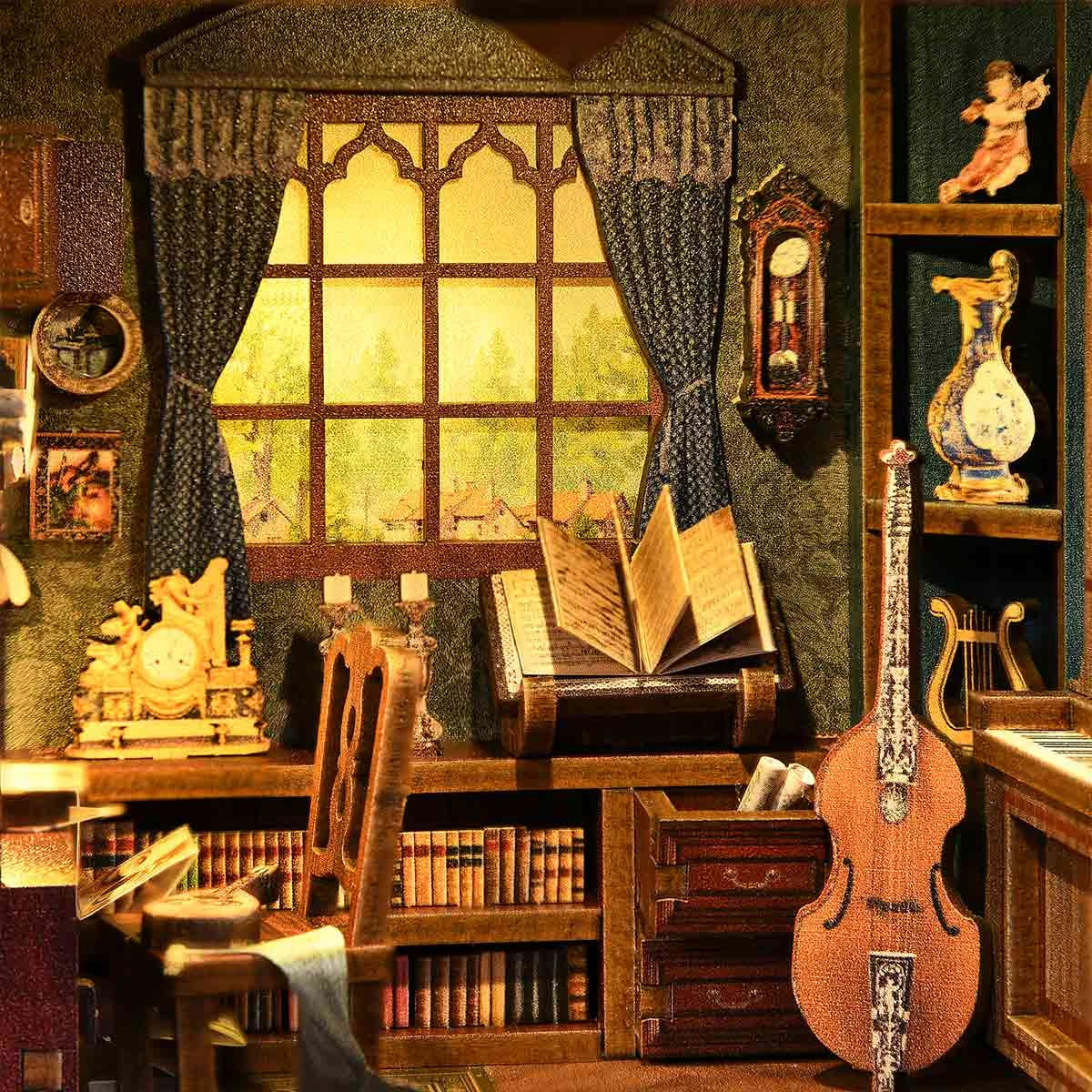 Ein detailreiches Miniaturzimmer mit einem Fenster, Büchern, Musikinstrumenten und einer Uhr