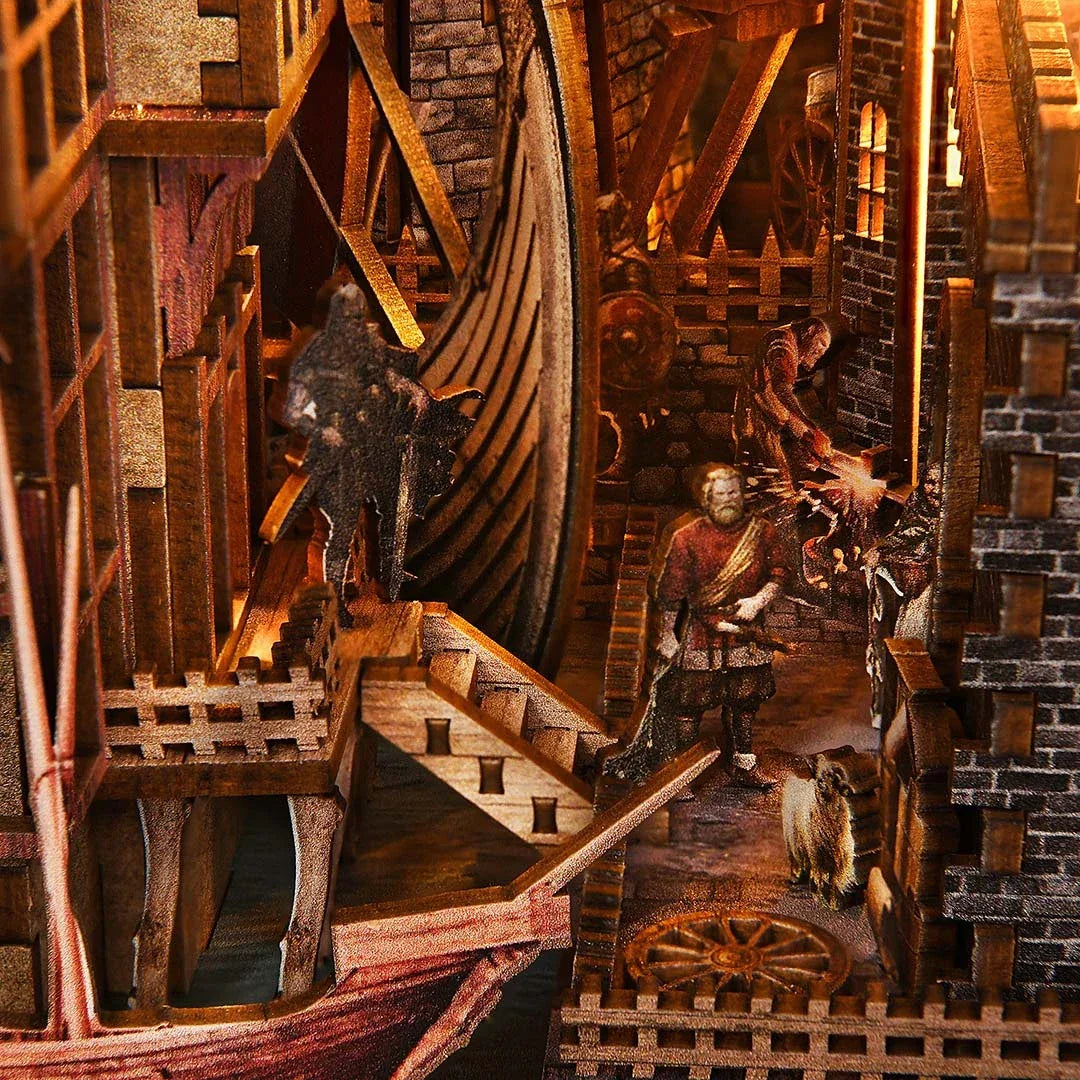 Diorama einer mittelalterlichen Stadt mit Schiffen und Figuren