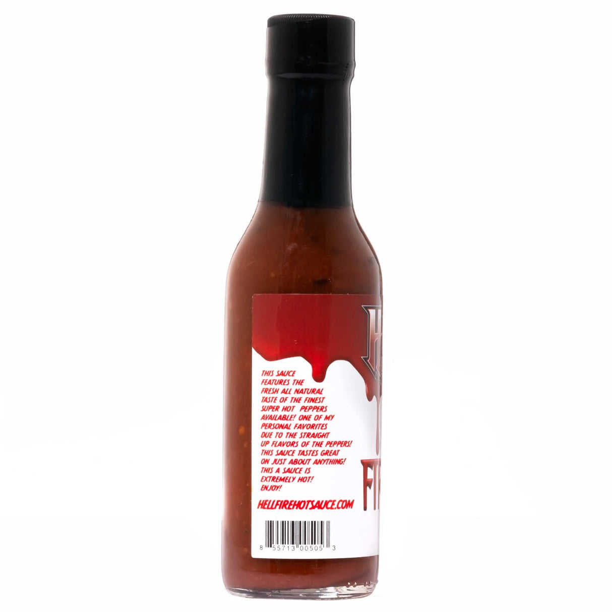 Rückseite der Hellfire Hot Sauce Flasche mit rotem Etikett und schwarzem Deckel