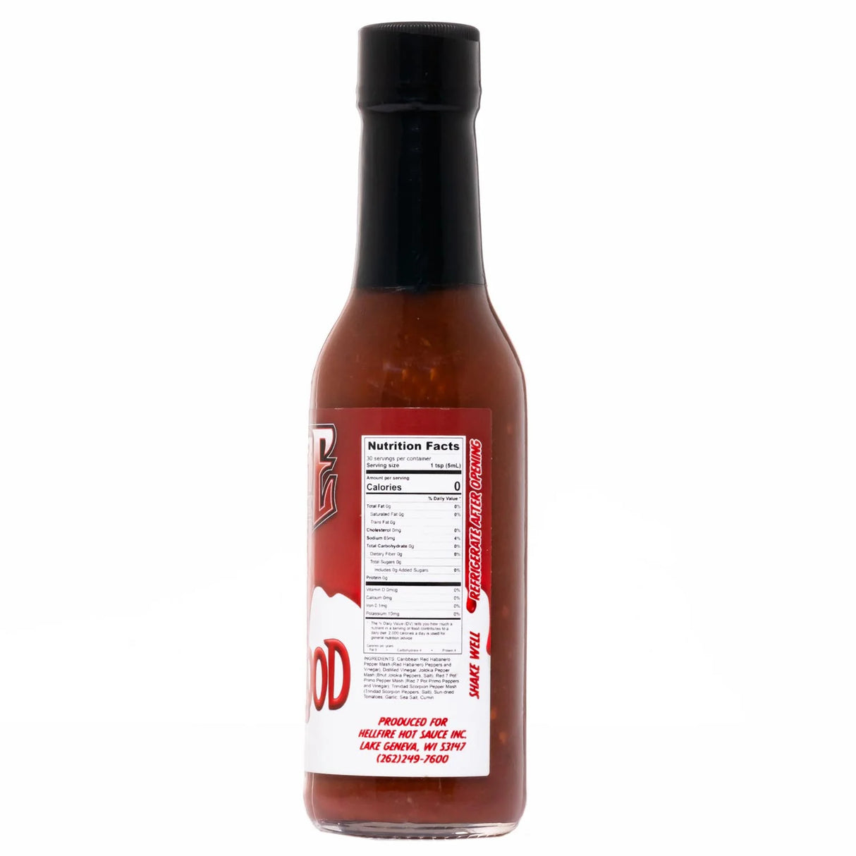 Rückseite einer Flasche Hellfire Hot Sauce mit Nährwertangaben und Zutatenliste