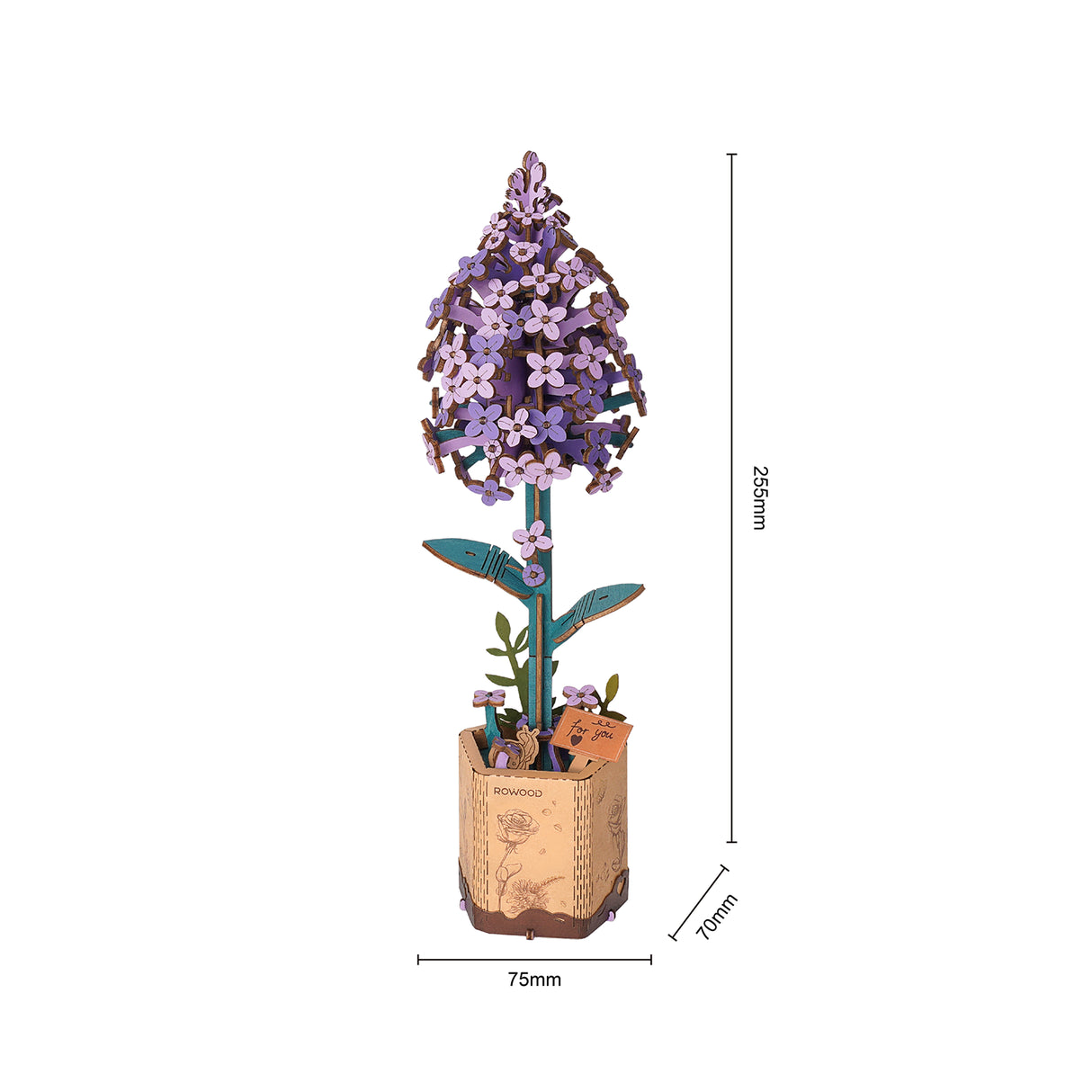 Holzbausatz einer lila Blume im Topf mit Maßangaben in Millimetern