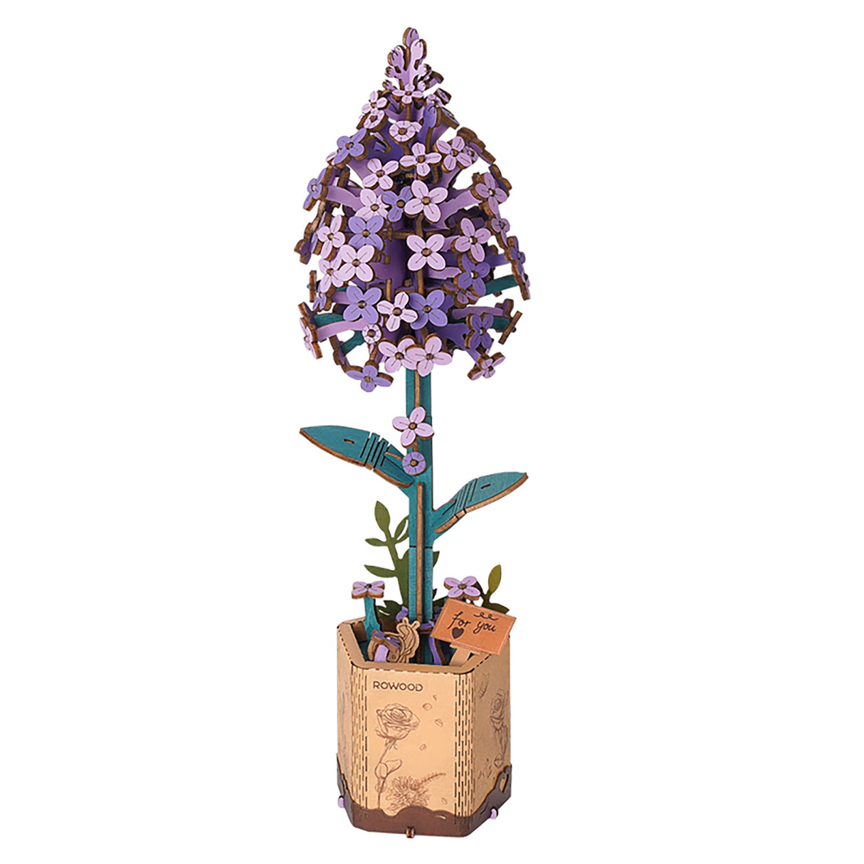 Lila Holzblume als Steckbausatz in einem sechseckigen Topf