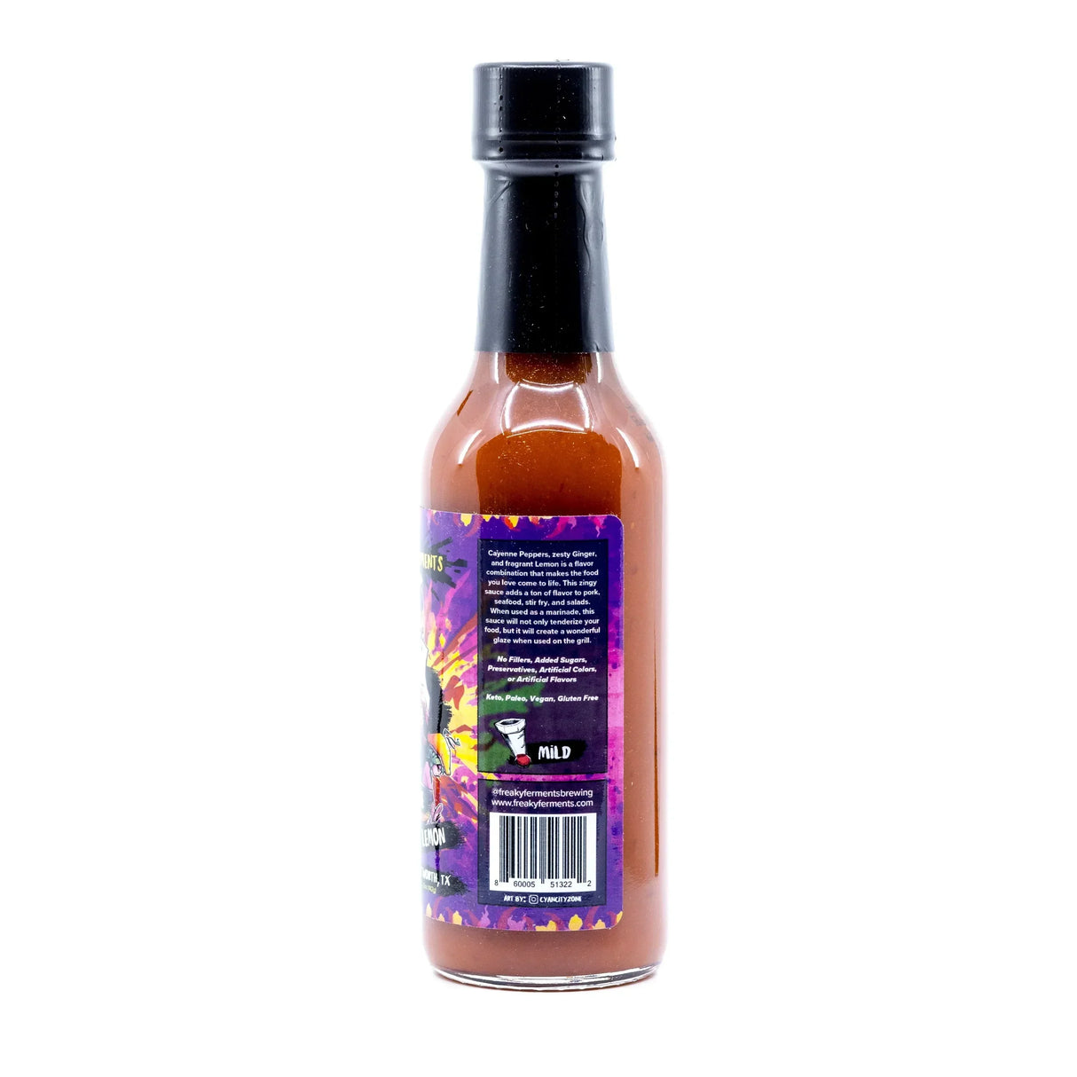 Rückseite der Flasche mit Freaky Ferments Brewing Company Hot Sauce