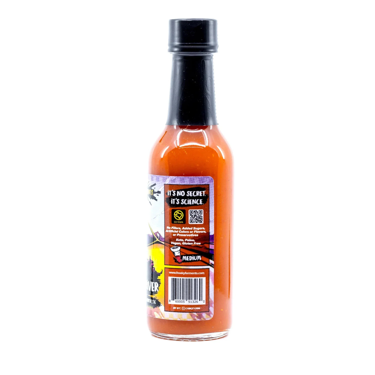 Rückseite einer Flasche Freaky Ferments Hot Sauce mit Etikett und Barcode