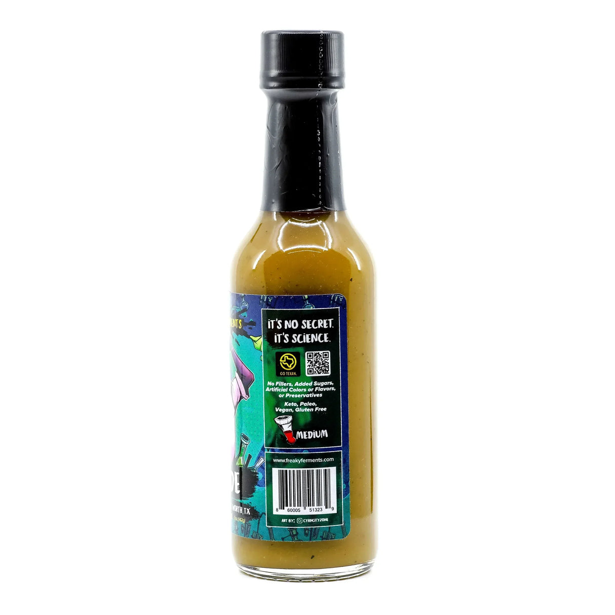 Rückseite der Flasche mit Freaky Ferments Hot Sauce, Etikett mit Inhaltsstoffen und Barcode