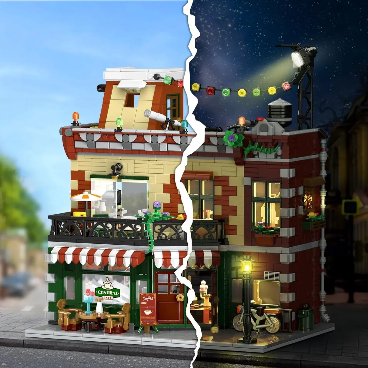 Ein Lego-Gebäude, das tagsüber und nachts in zwei Hälften geteilt ist