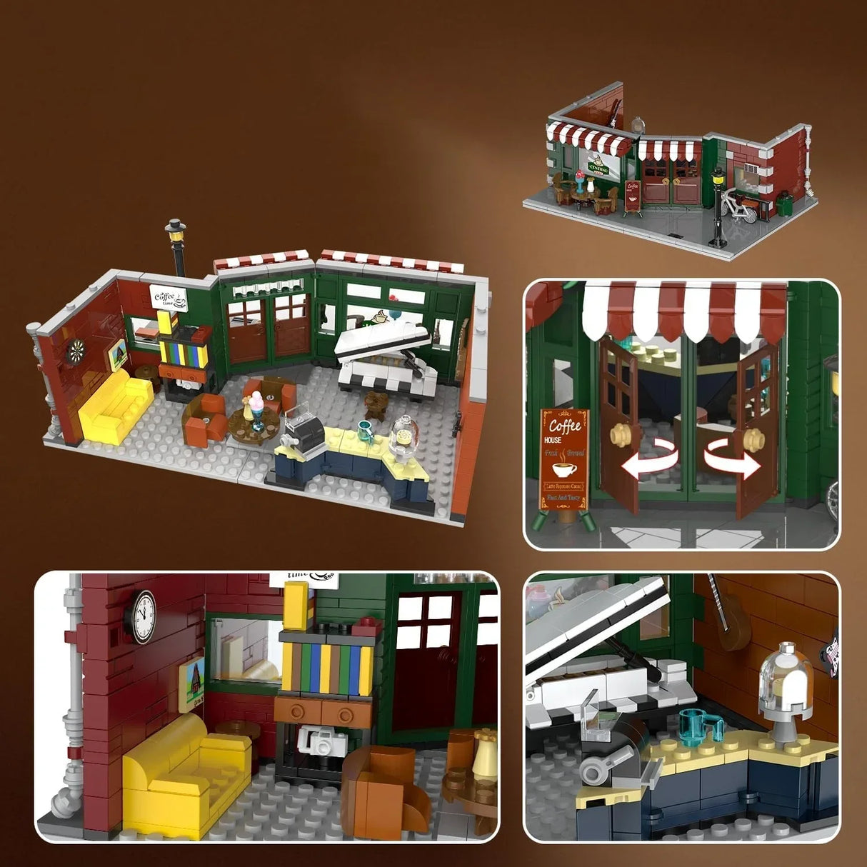 Ein Lego-Set, das ein Café darstellt, mit Innen- und Außenansichten und Details wie Möbeln und einer Kaffeemaschine