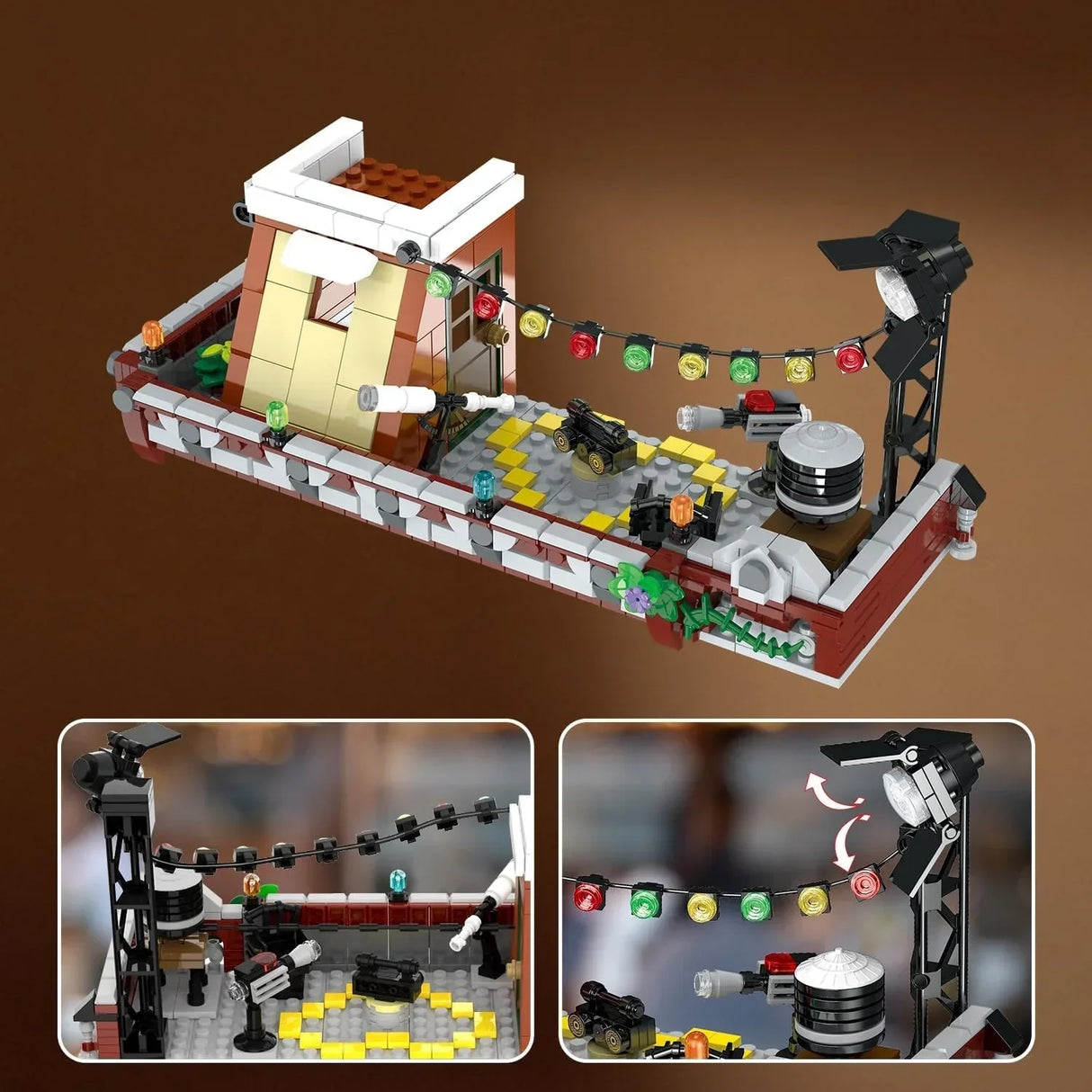Ein Lego-Dach mit Lichtern, Kameras und einem Teleskop