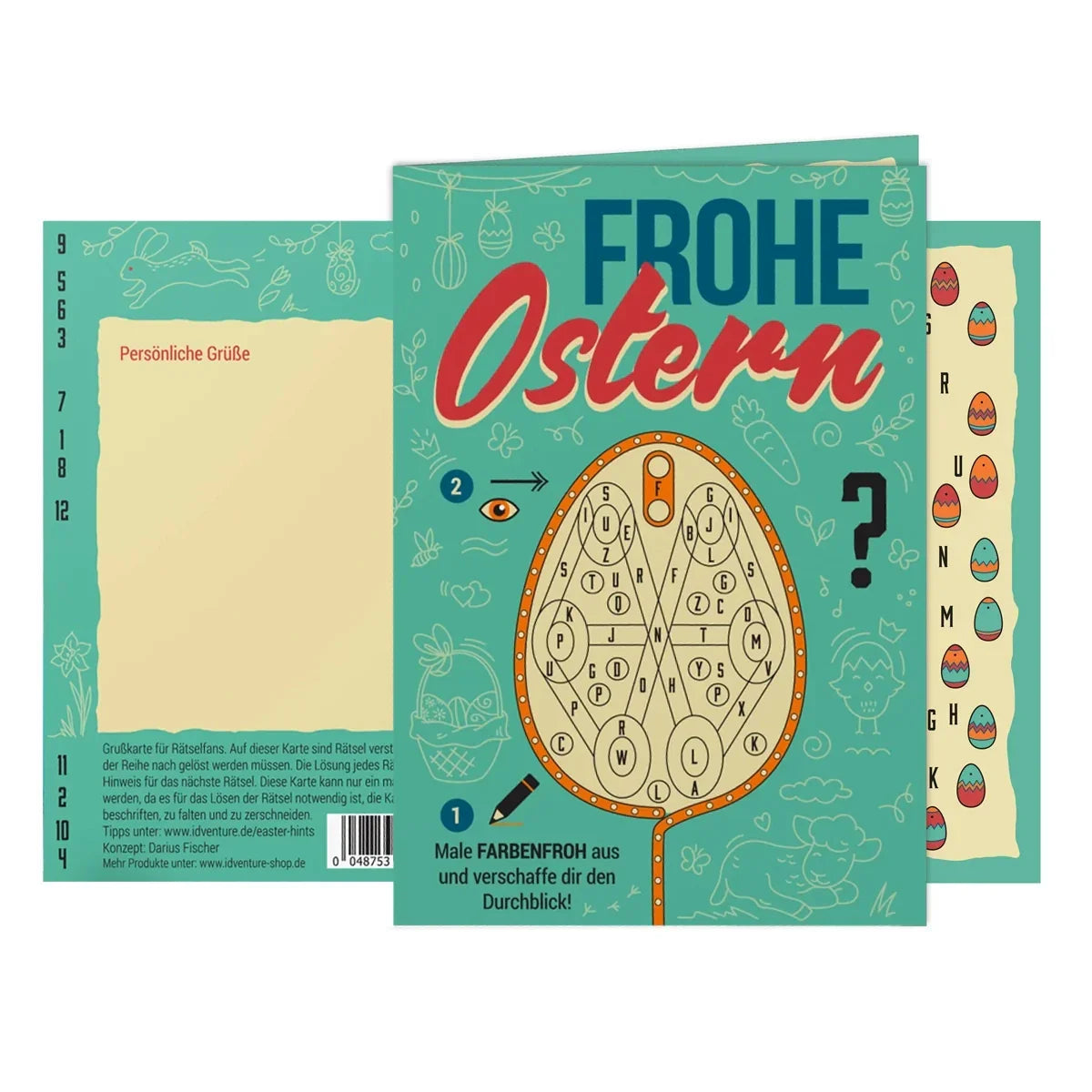 Osterkarte mit Rätseln und dem Text Frohe Ostern