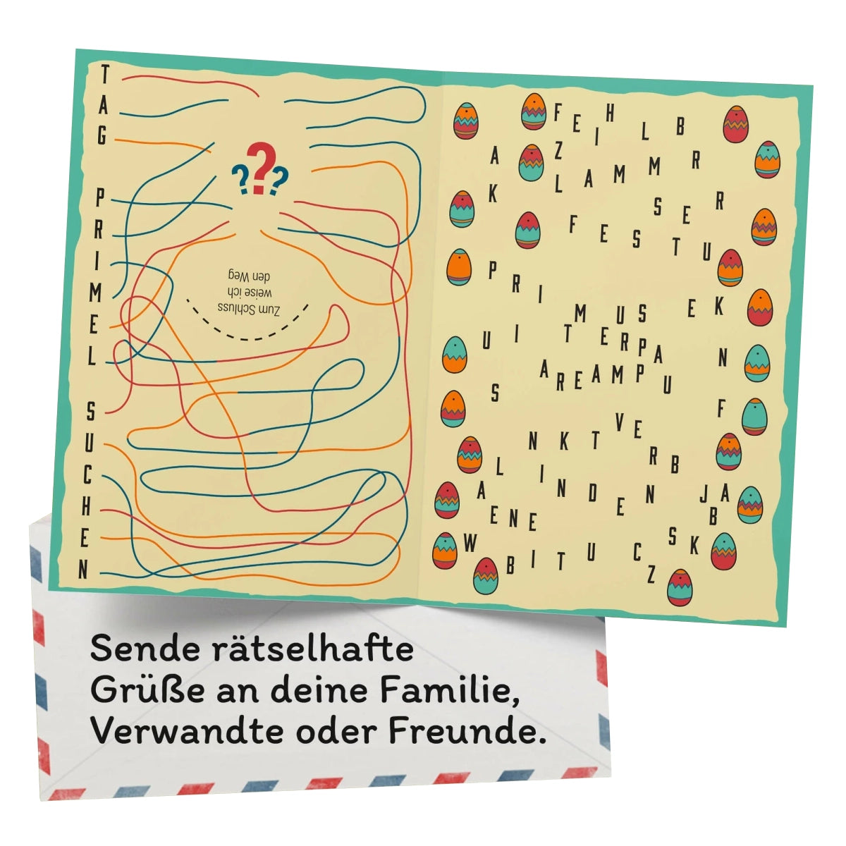 Ein Oster-Labyrinth und ein Wortsuchrätsel mit einem Briefumschlag darunter