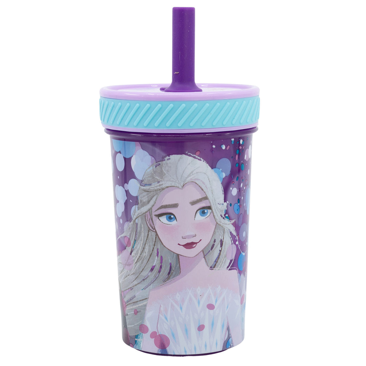 Lila Trinkbecher mit Elsa Motiv und Strohhalm