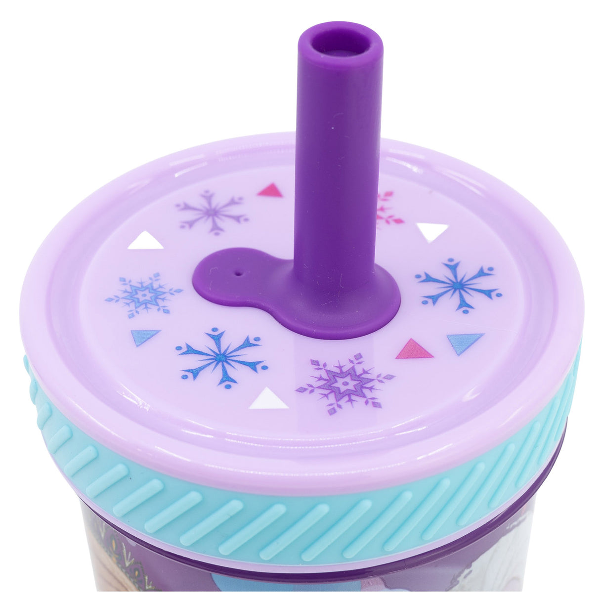 Lila Trinkbecherdeckel mit violettem Strohhalm und Schneeflockenmuster