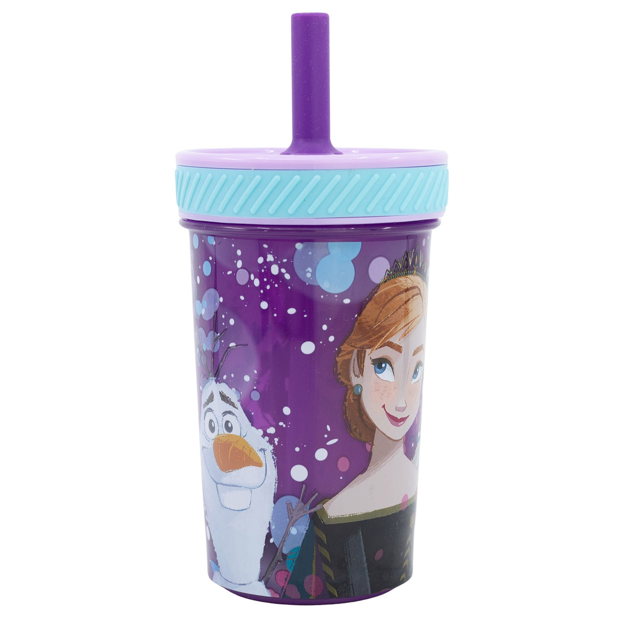 Lila Trinkbecher mit Strohhalm und Eiskönigin Motiv von Anna und Olaf