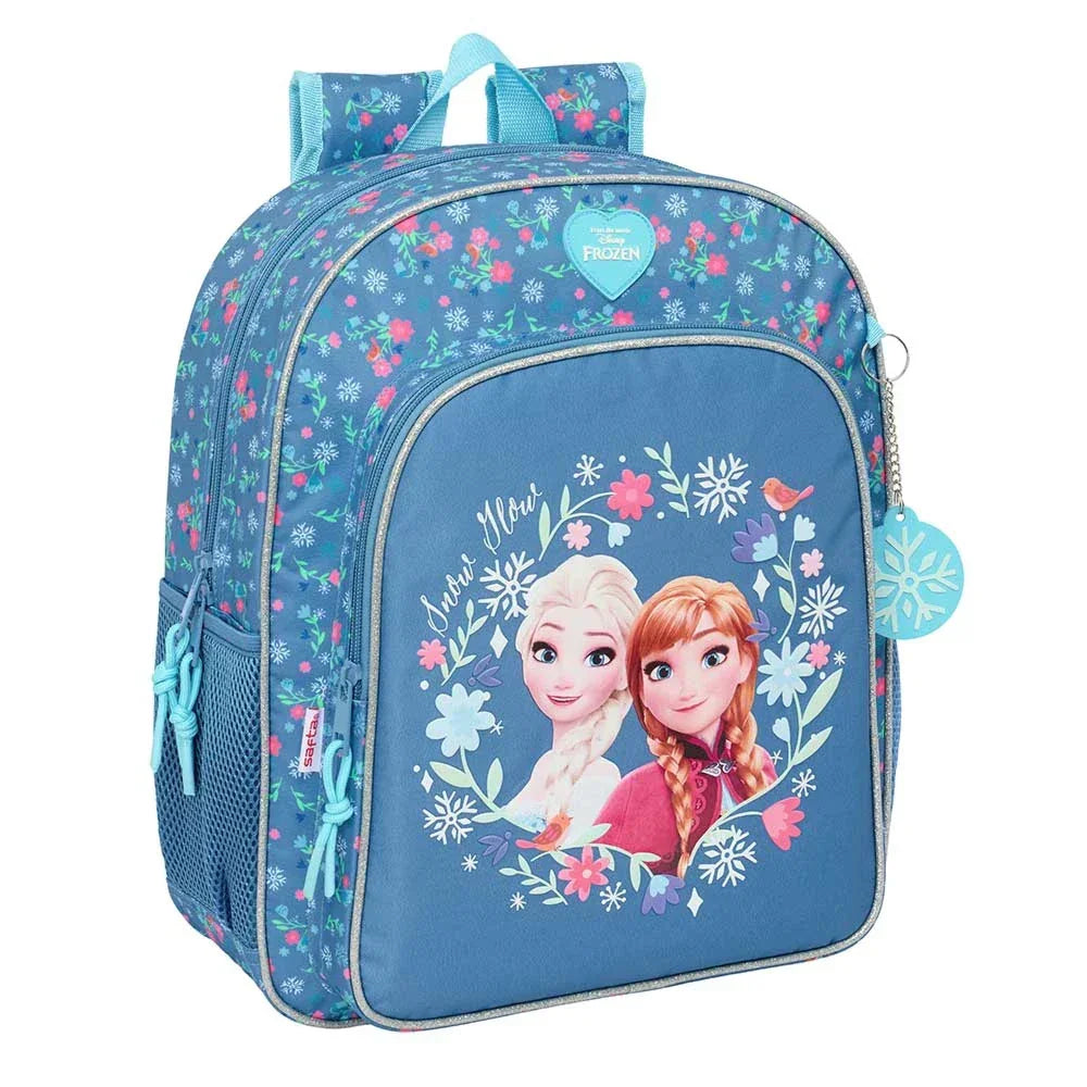 Blauer Rucksack mit Frozen-Motiv von Elsa und Anna umgeben von Blumen und Schneeflocken