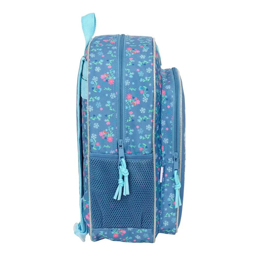 Blauer Rucksack mit Blumenmuster und Reißverschlüssen