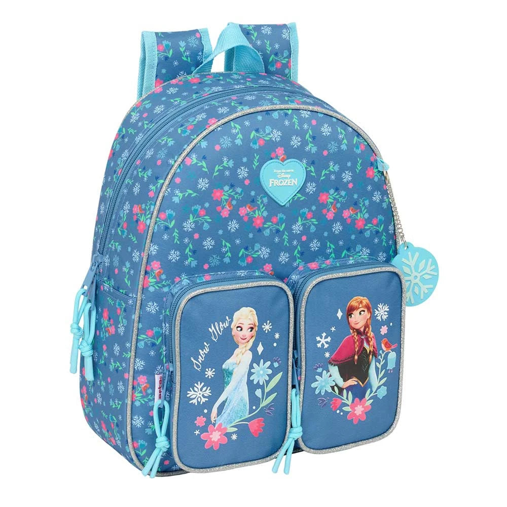 Blauer Rucksack mit Frozen-Motiv, Blumenmuster und Elsa und Anna auf den Vordertaschen
