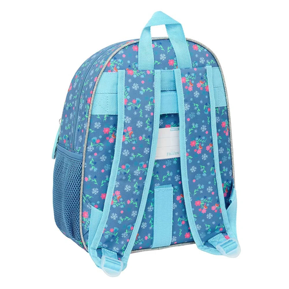 Blauer Rucksack mit Blumenmuster und hellblauen Trägern