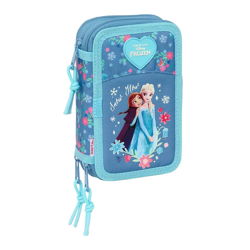 Blaues Federmäppchen mit Anna und Elsa aus Die Eiskönigin und Blumenmuster