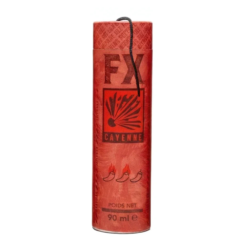 Rote FX Cayenne-Flasche mit schwarzem Band und 90 ml Inhalt