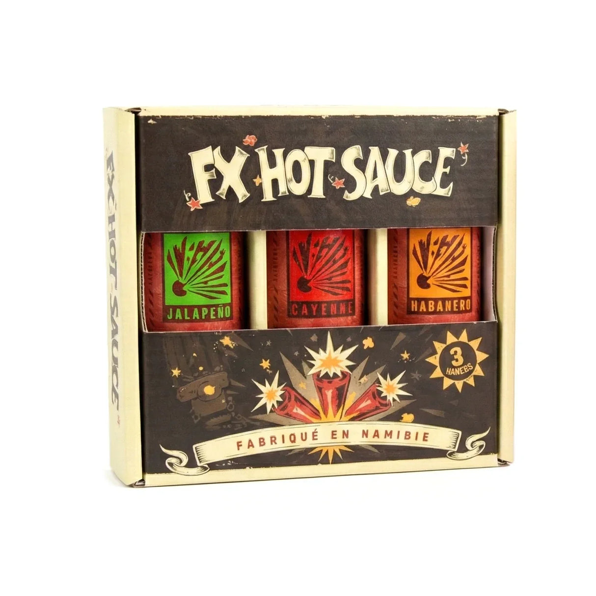 FX Hot Sauce Geschenkset mit drei Flaschen: Jalapeño, Cayenne, Habanero