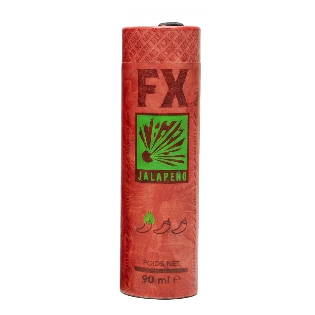 Rote FX Jalapeño Spraydose mit grünem Etikett und Flammenlogo