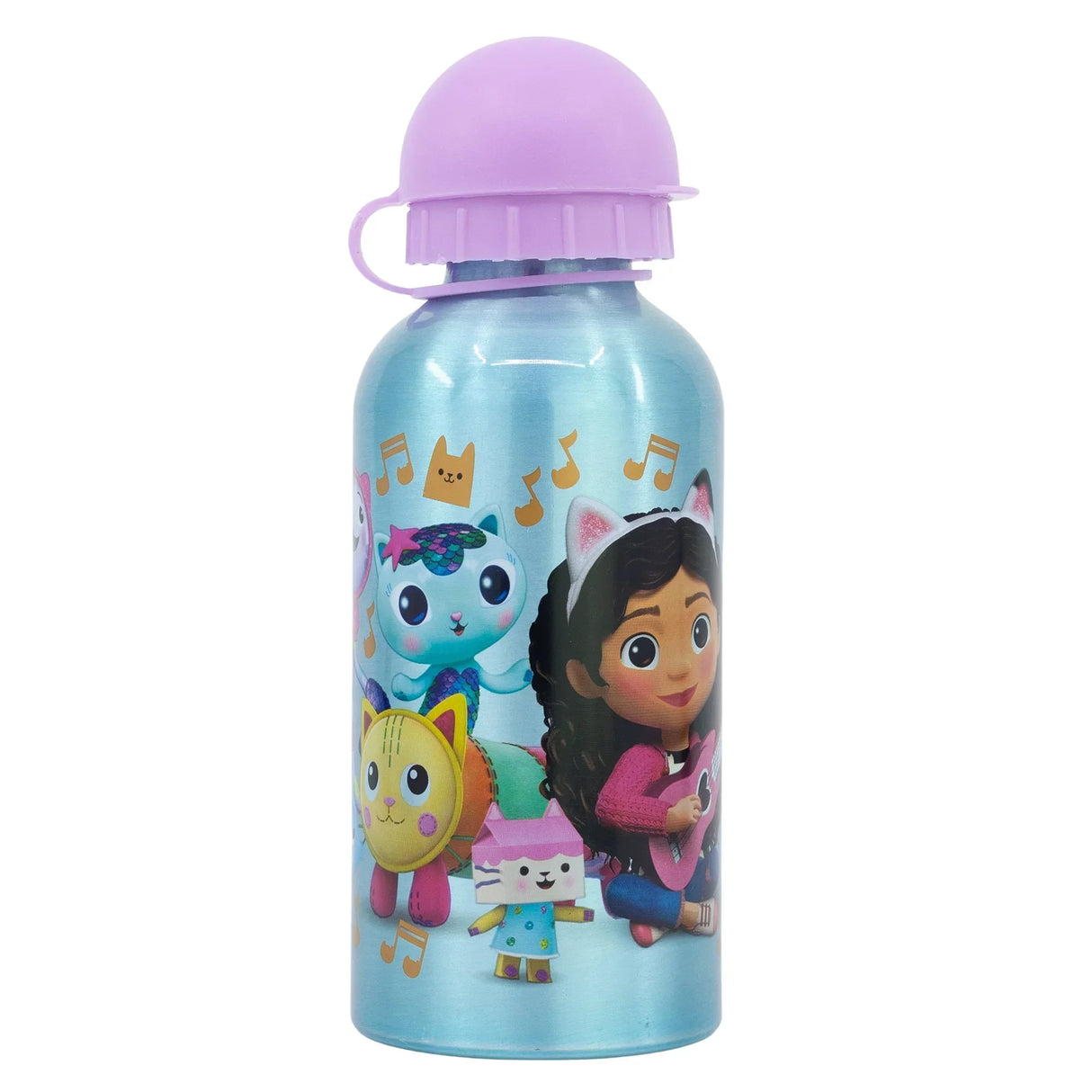 Hellblaue Trinkflasche aus Metall mit Gabby und Katzen Motiven sowie lila Verschluss