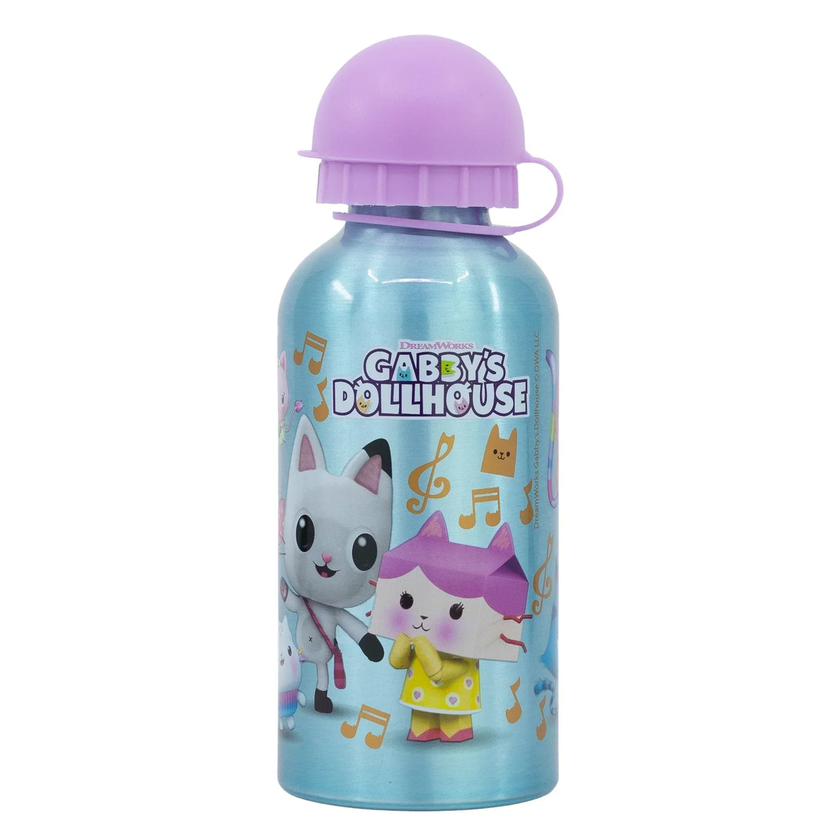 Hellblaue Trinkflasche aus Metall mit Gabby Dollhouse Motiv und lila Verschluss